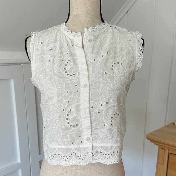 Zara Tops - Zara White Eyelet Lace Sleeveless Button-Front Top